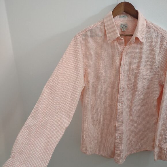 J-Crew Orange Plaid Large Button Up 100% Organic Cotton Slim Dress Shirt - Picture 4 of 6